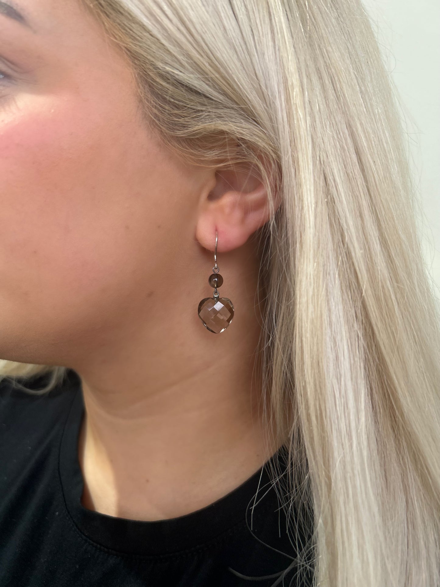 Sterling silver Smokey quartz heart earrings