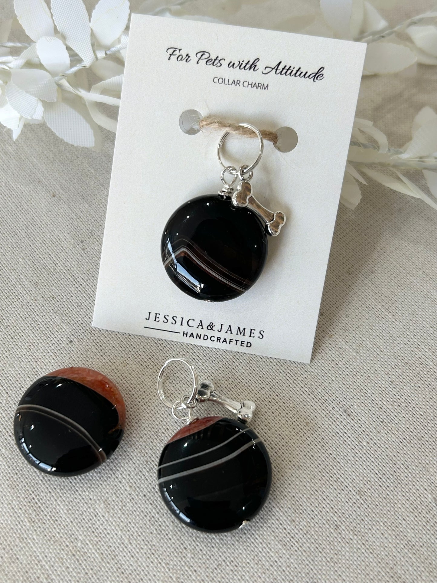 XL Black Onyx dog collar charm | calming stones for dogs | nervousness and reactivity