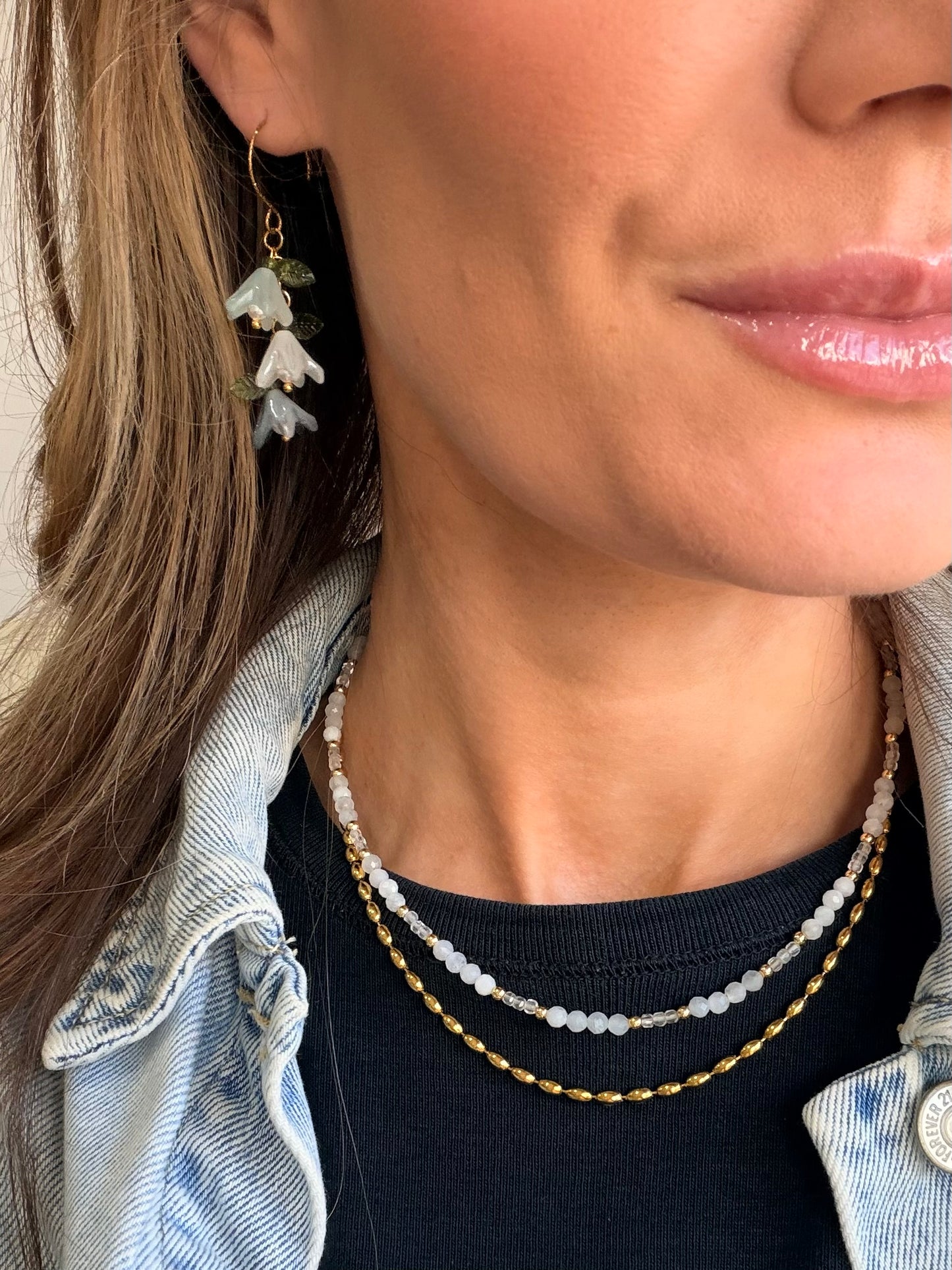 Multi Ocean Spray Blue Pearl flower hoop earrings in gold