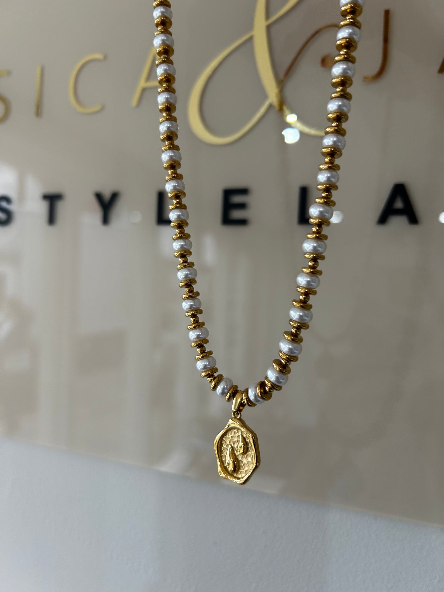 Luxe Pearl Athena coin necklace