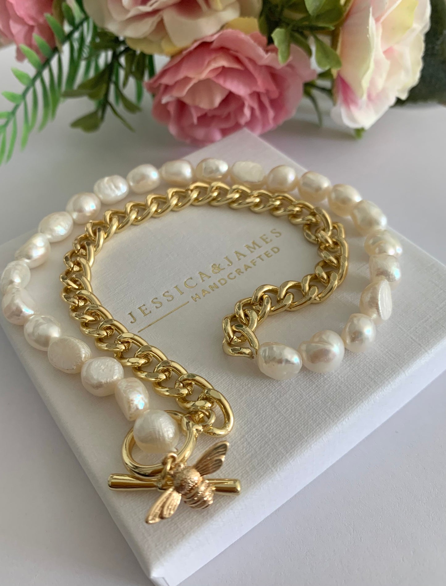Sienna freshwater pearl necklace - statement contrast necklace with bee detail