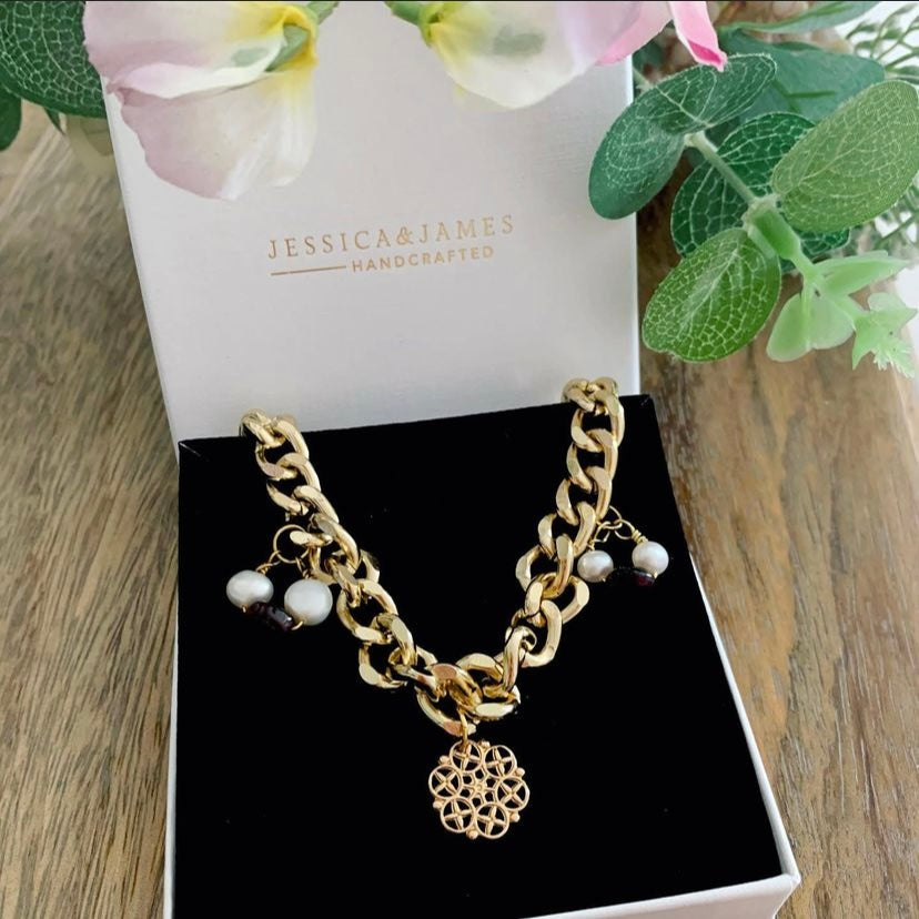 Chunky pearl and garnet gold necklace