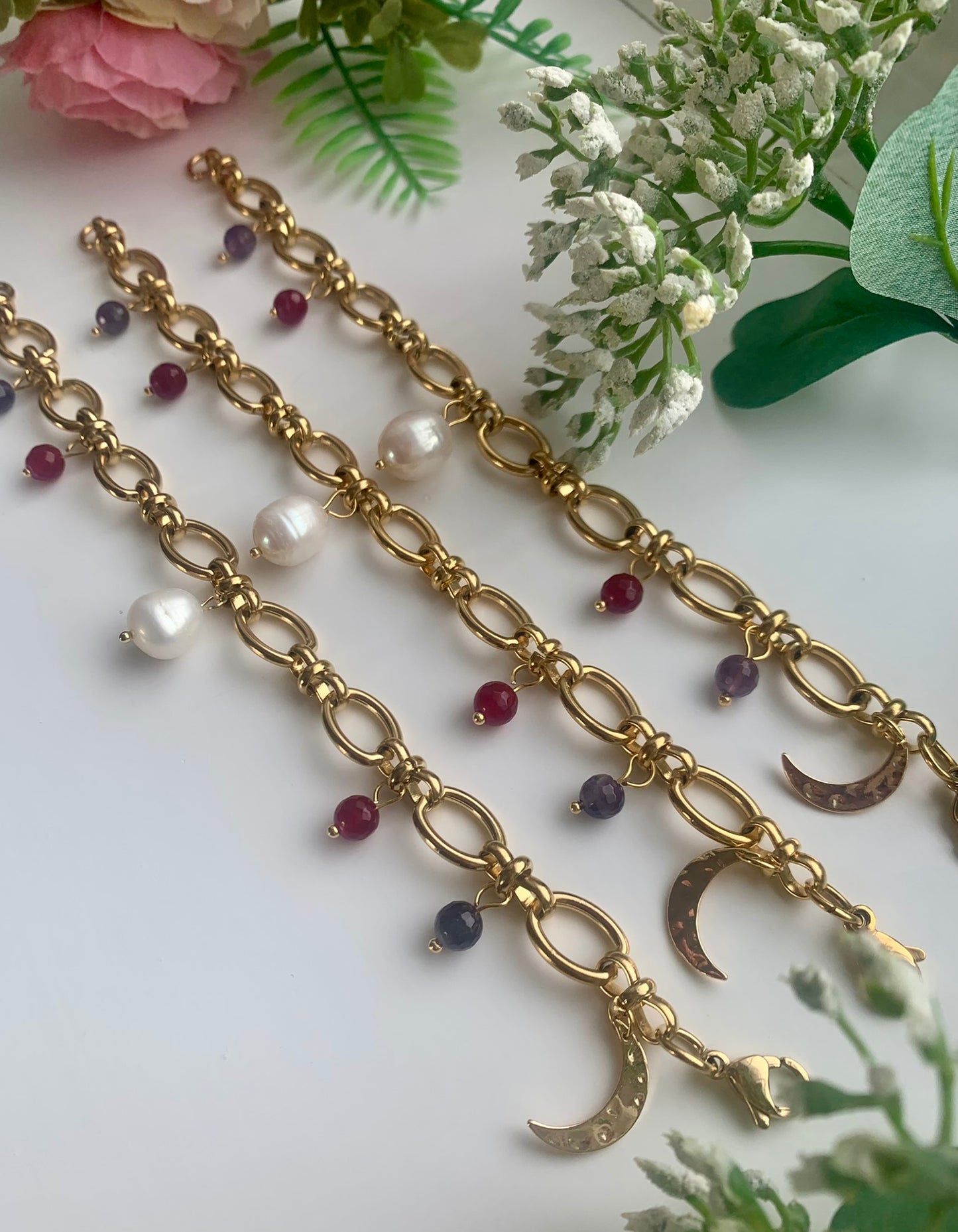 Multi Gemstone Charm Bracelet - Antique gold