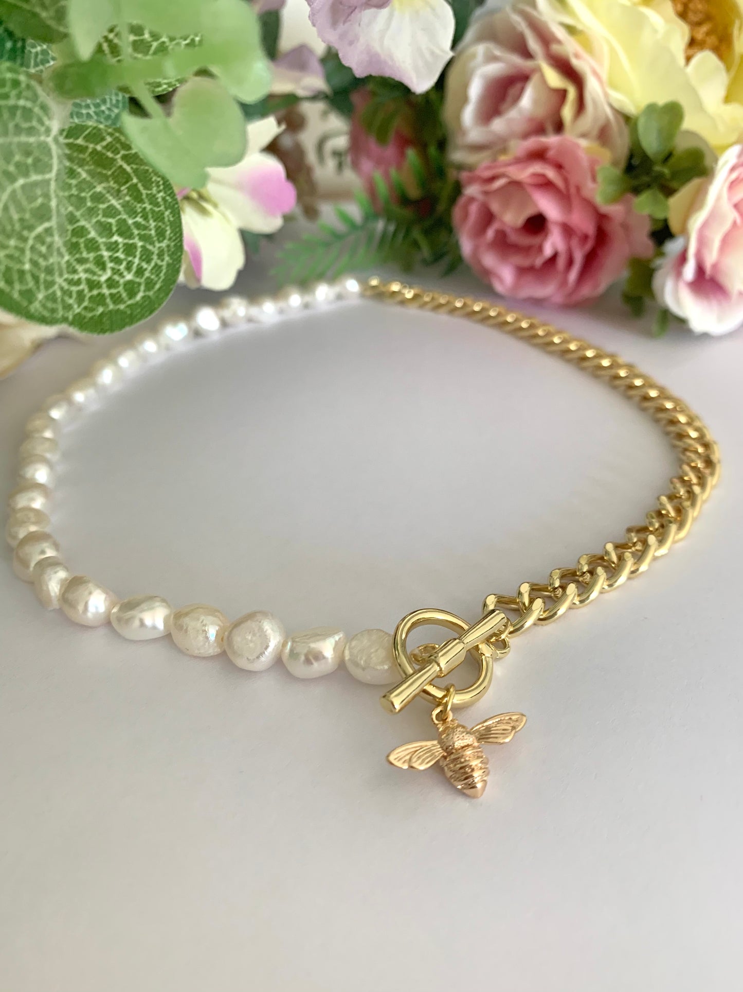 Sienna freshwater pearl necklace - statement contrast necklace with bee detail