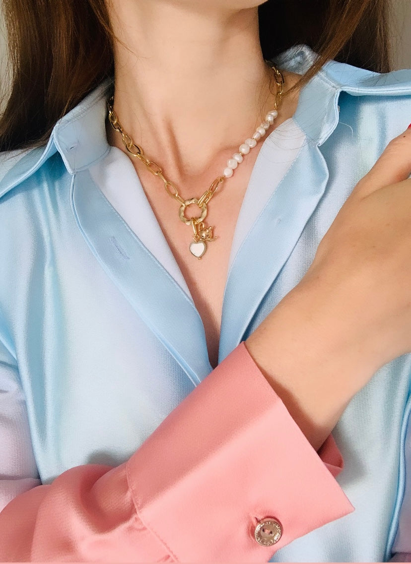 Clara- Freshwater pearl charm necklace - natural semi precious stone heart and gold teapot detail