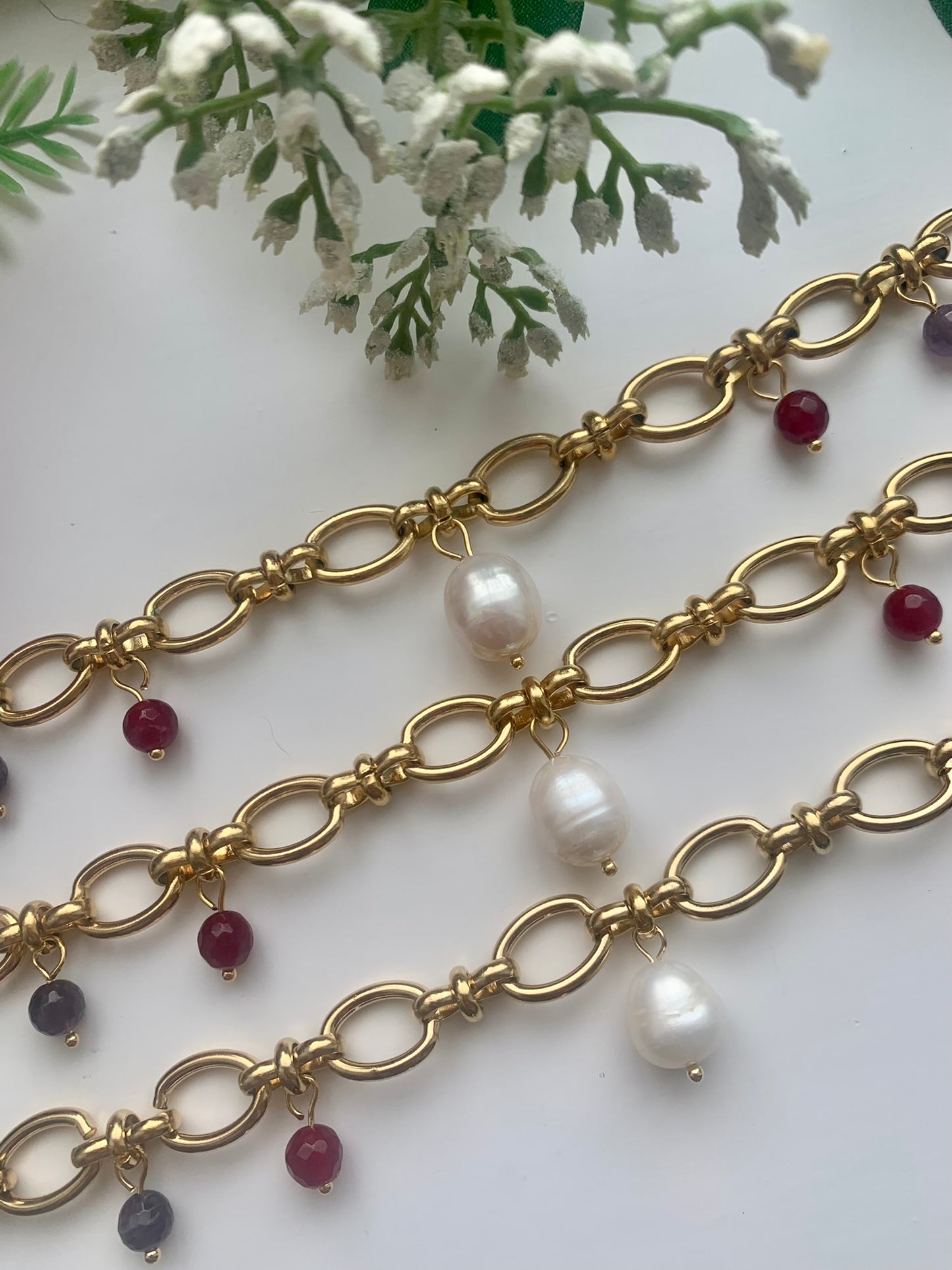 Multi Gemstone Charm Bracelet - Antique gold