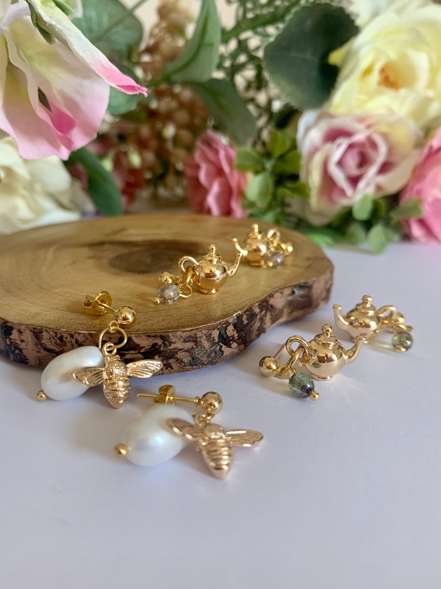 Gold Bee charm baroque pearl earrings