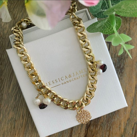 Chunky pearl and garnet gold necklace