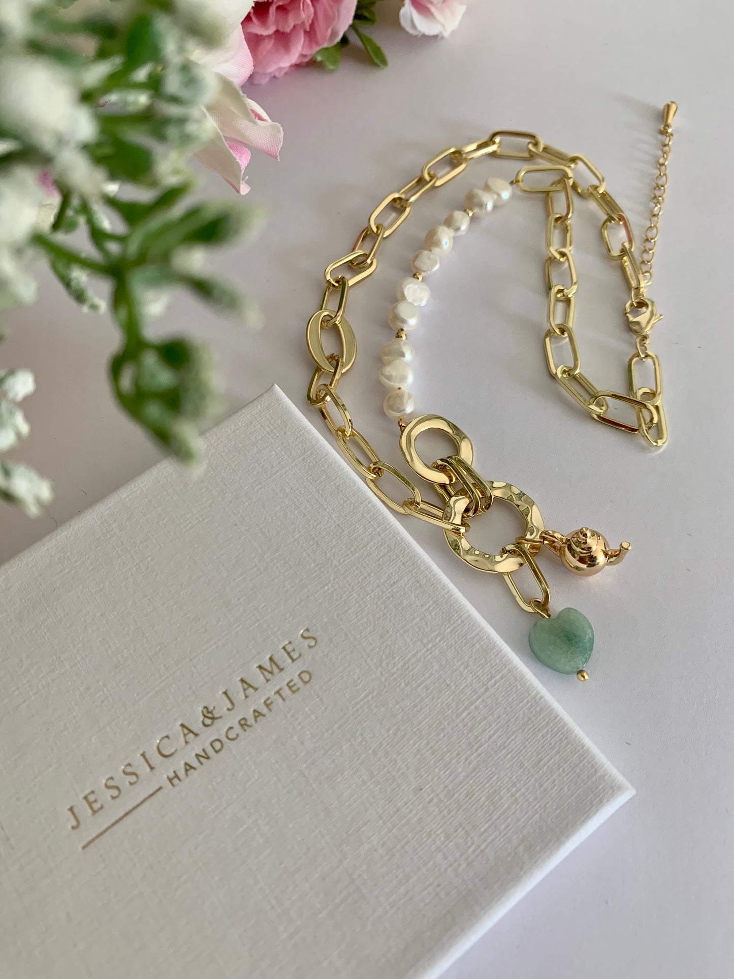 Clara- Freshwater pearl charm necklace - natural semi precious stone heart and gold teapot detail