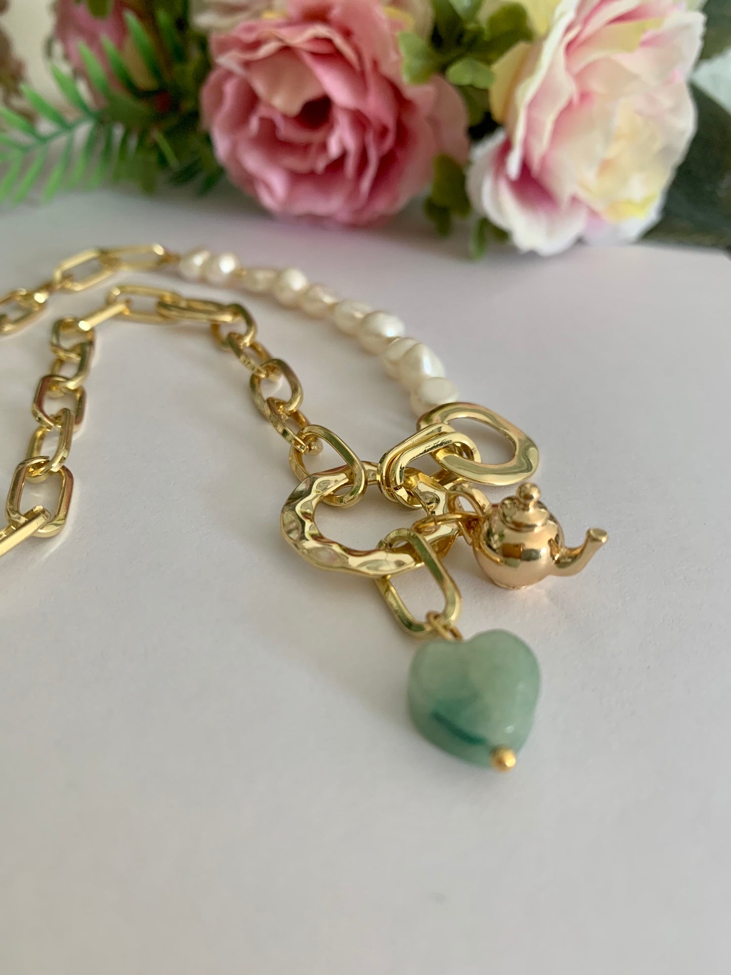 Clara- Freshwater pearl charm necklace - natural semi precious stone heart and gold teapot detail
