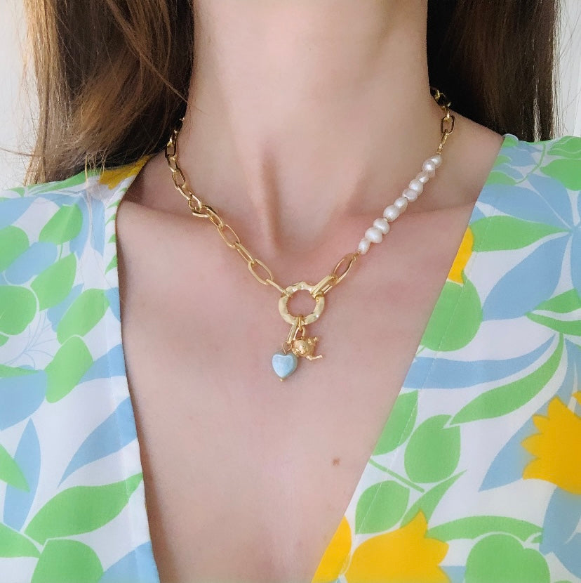 Clara- Freshwater pearl charm necklace - natural semi precious stone heart and gold teapot detail