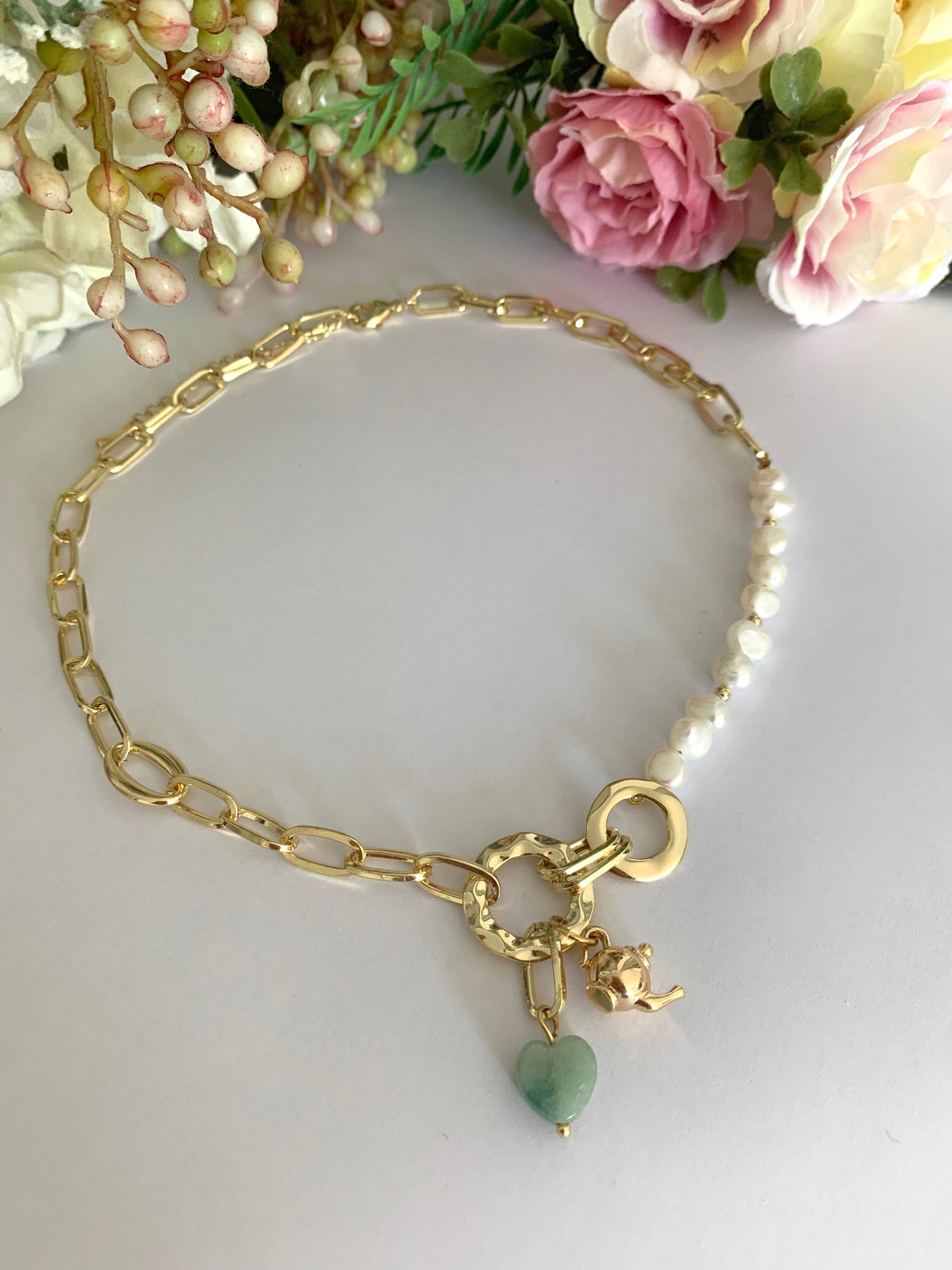 Clara- Freshwater pearl charm necklace - natural semi precious stone heart and gold teapot detail