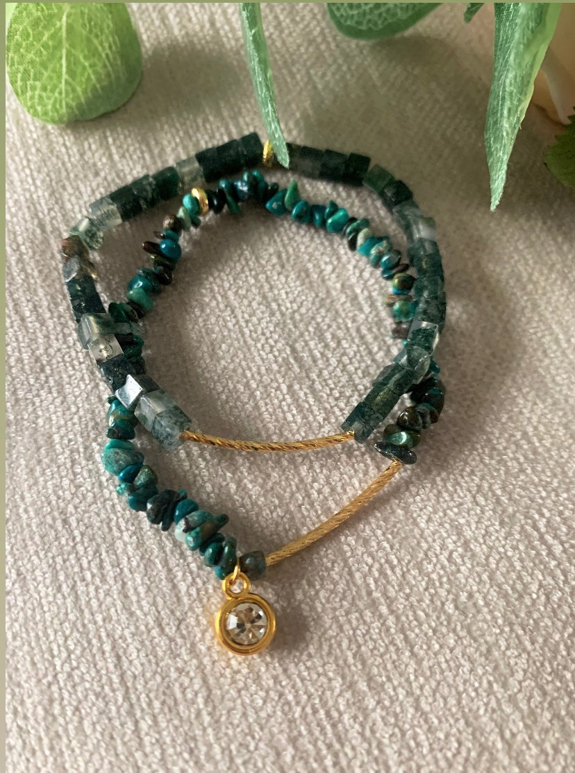 Chrysocolla and Moss agate stacking Bracelets