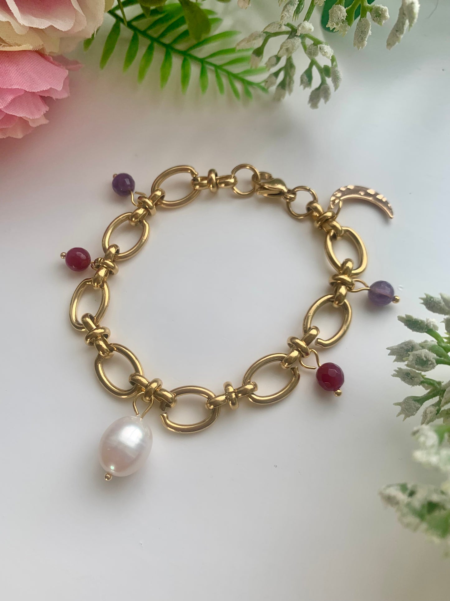 Multi Gemstone Charm Bracelet - Antique gold