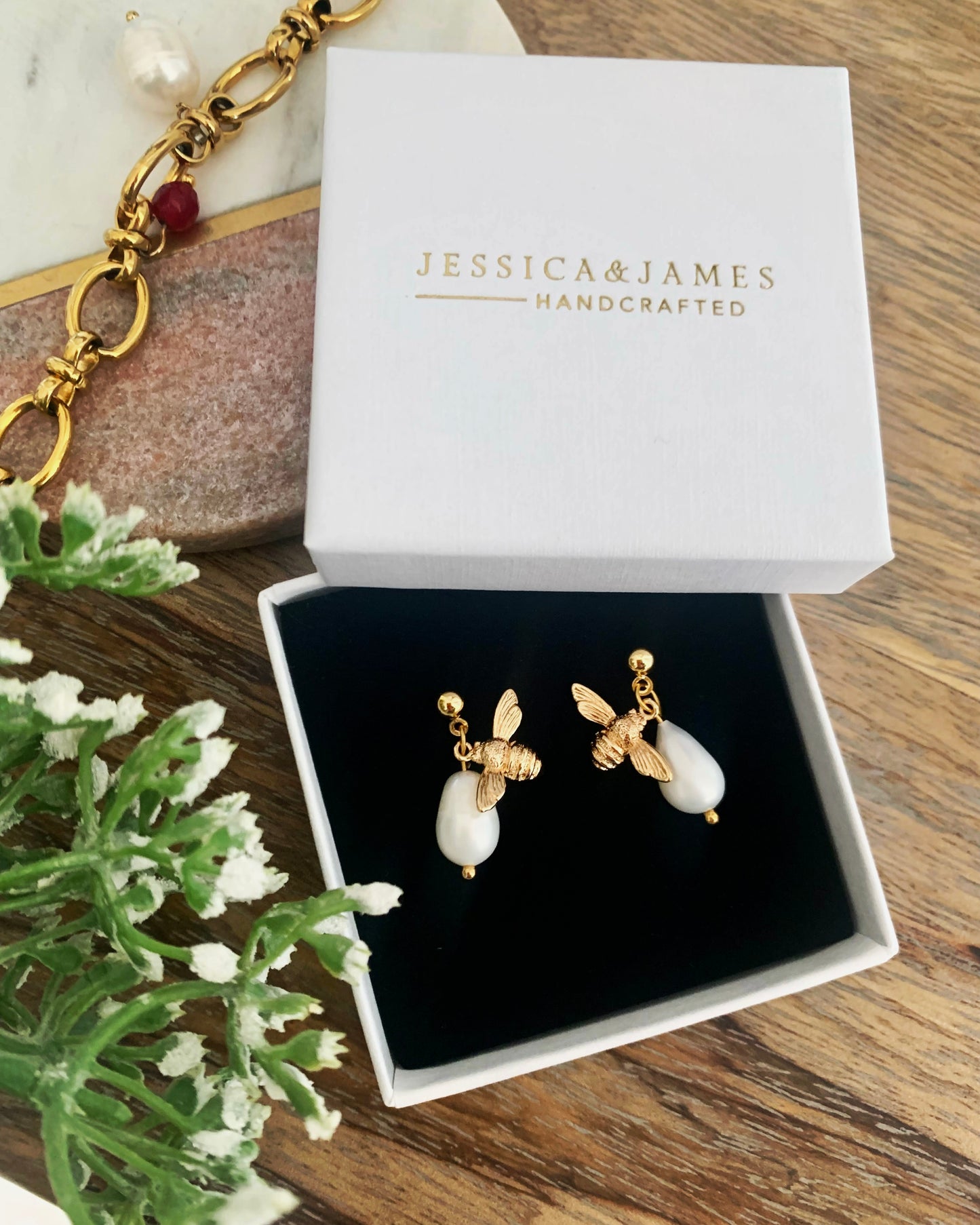 Gold Bee charm baroque pearl earrings