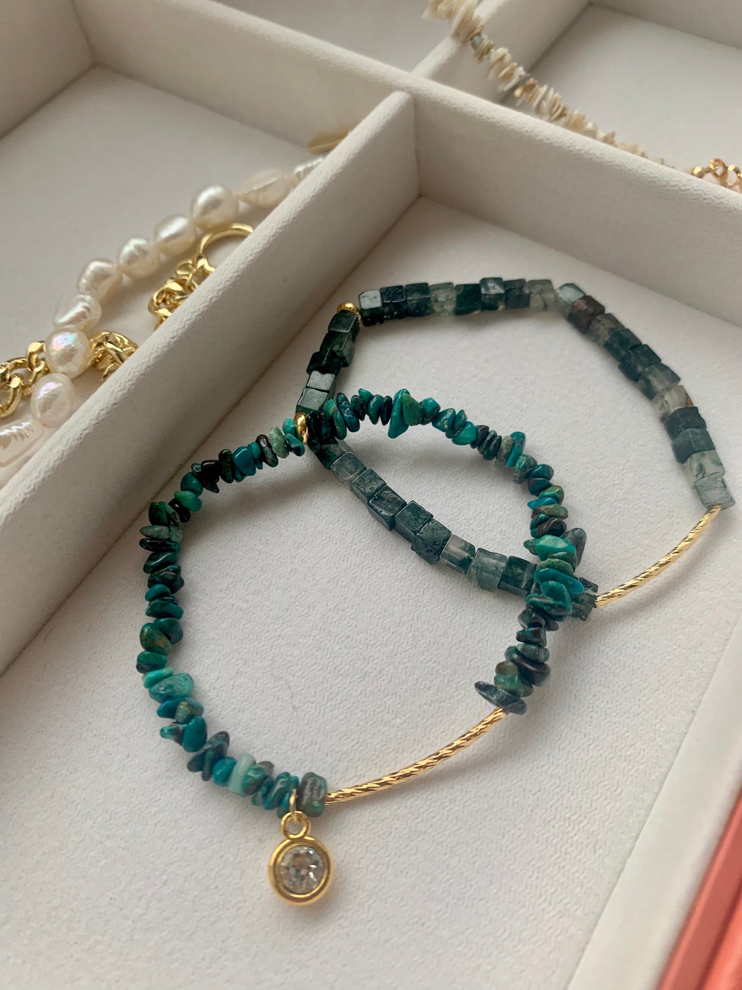 Chrysocolla and Moss agate stacking Bracelets