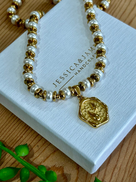 Luxe Pearl Athena coin necklace