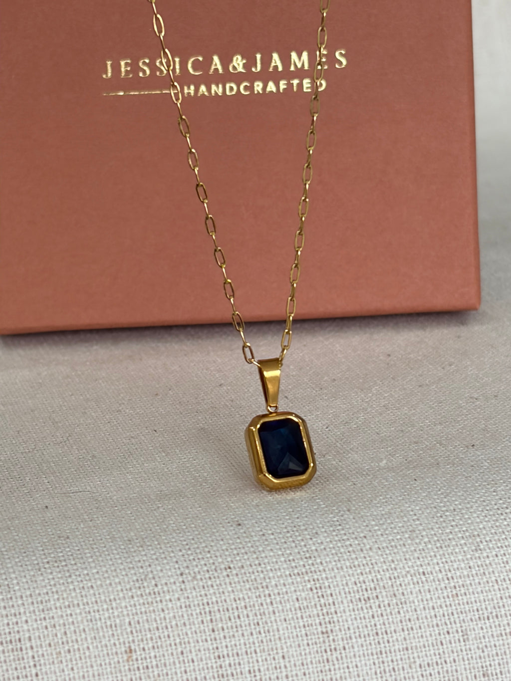 Sapphire blue gold necklace on paperclip chain - one off piece