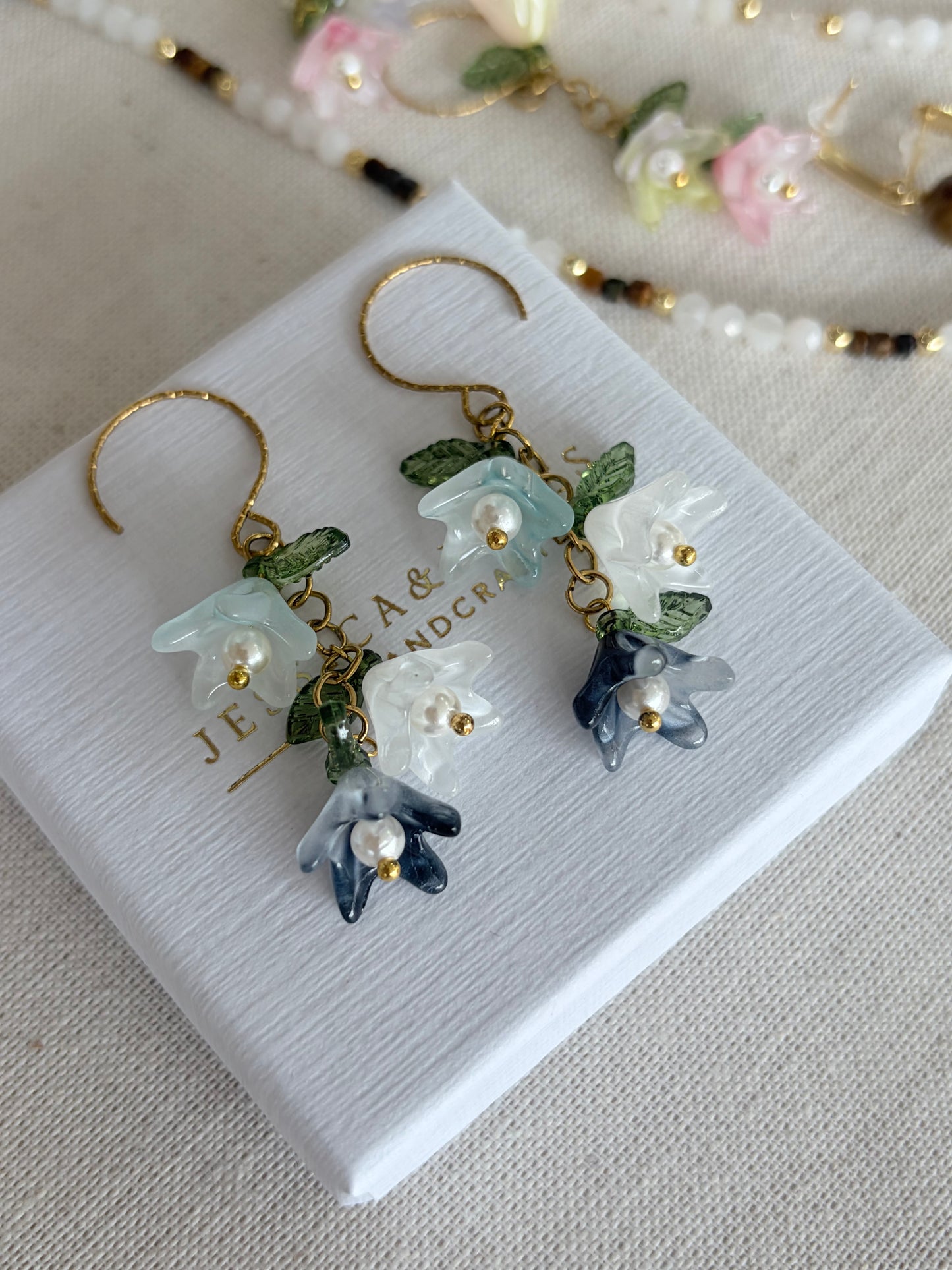 Multi Ocean Spray Blue Pearl flower hoop earrings in gold
