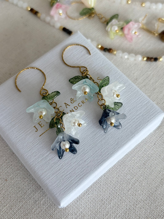 Multi Ocean Spray Blue Pearl flower hoop earrings in gold