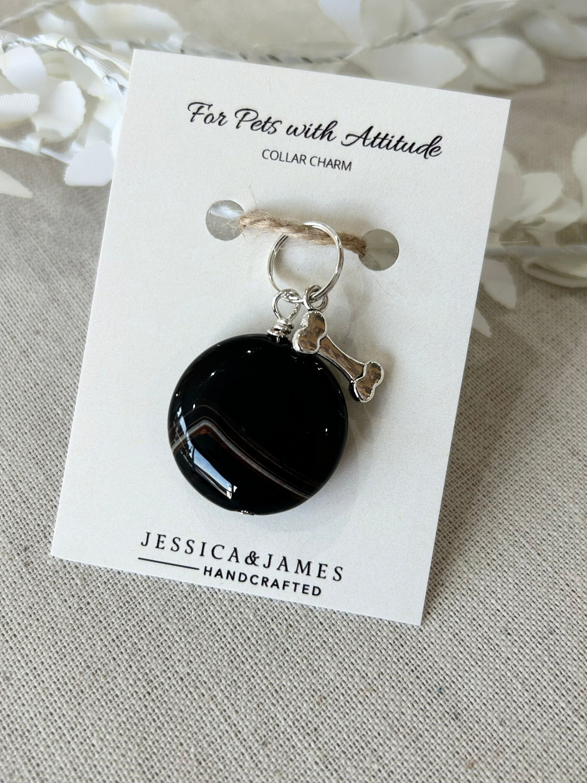 XL Black Onyx dog collar charm | calming stones for dogs | nervousness and reactivity