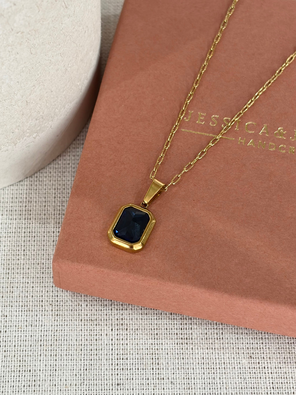 Sapphire blue gold necklace on paperclip chain - one off piece
