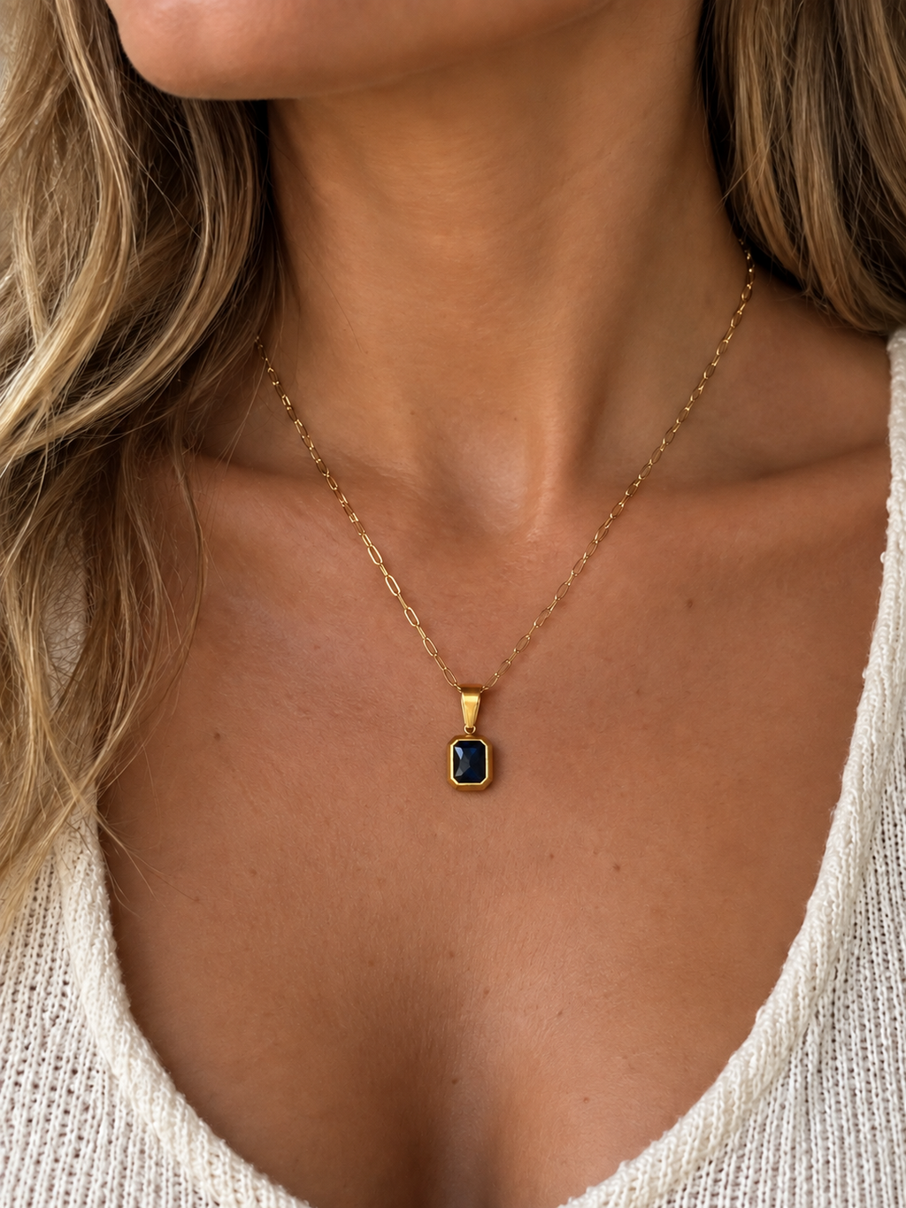 Sapphire blue gold necklace on paperclip chain - one off piece