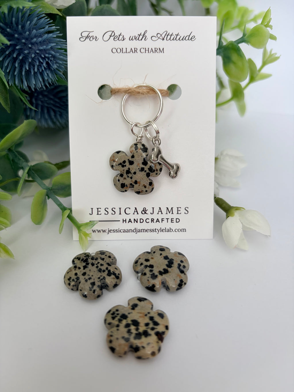 Dalmatian Jasper collar charm for dogs , Animal Crystal healing
