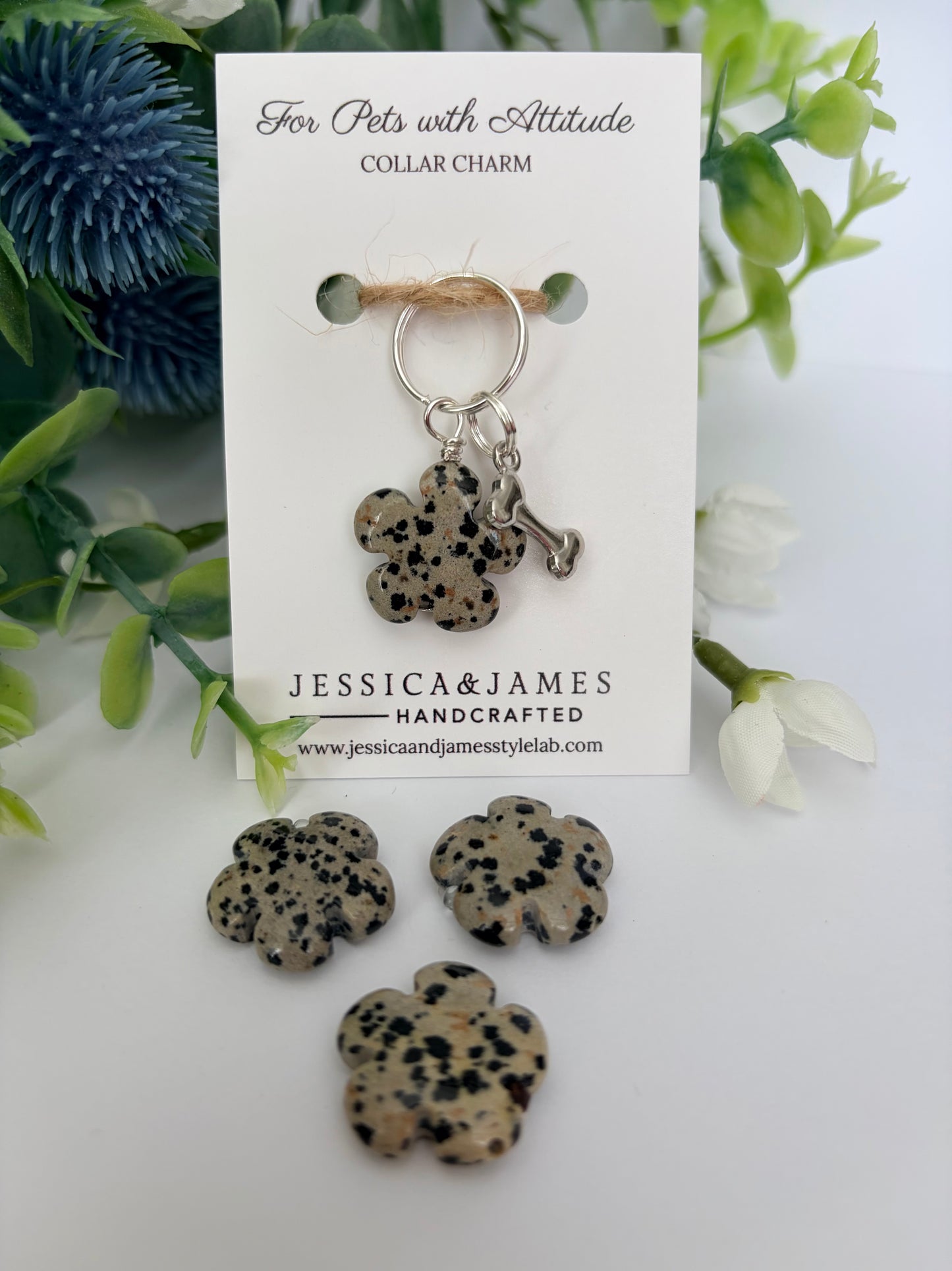 Dalmatian Jasper collar charm for dogs , Animal Crystal healing