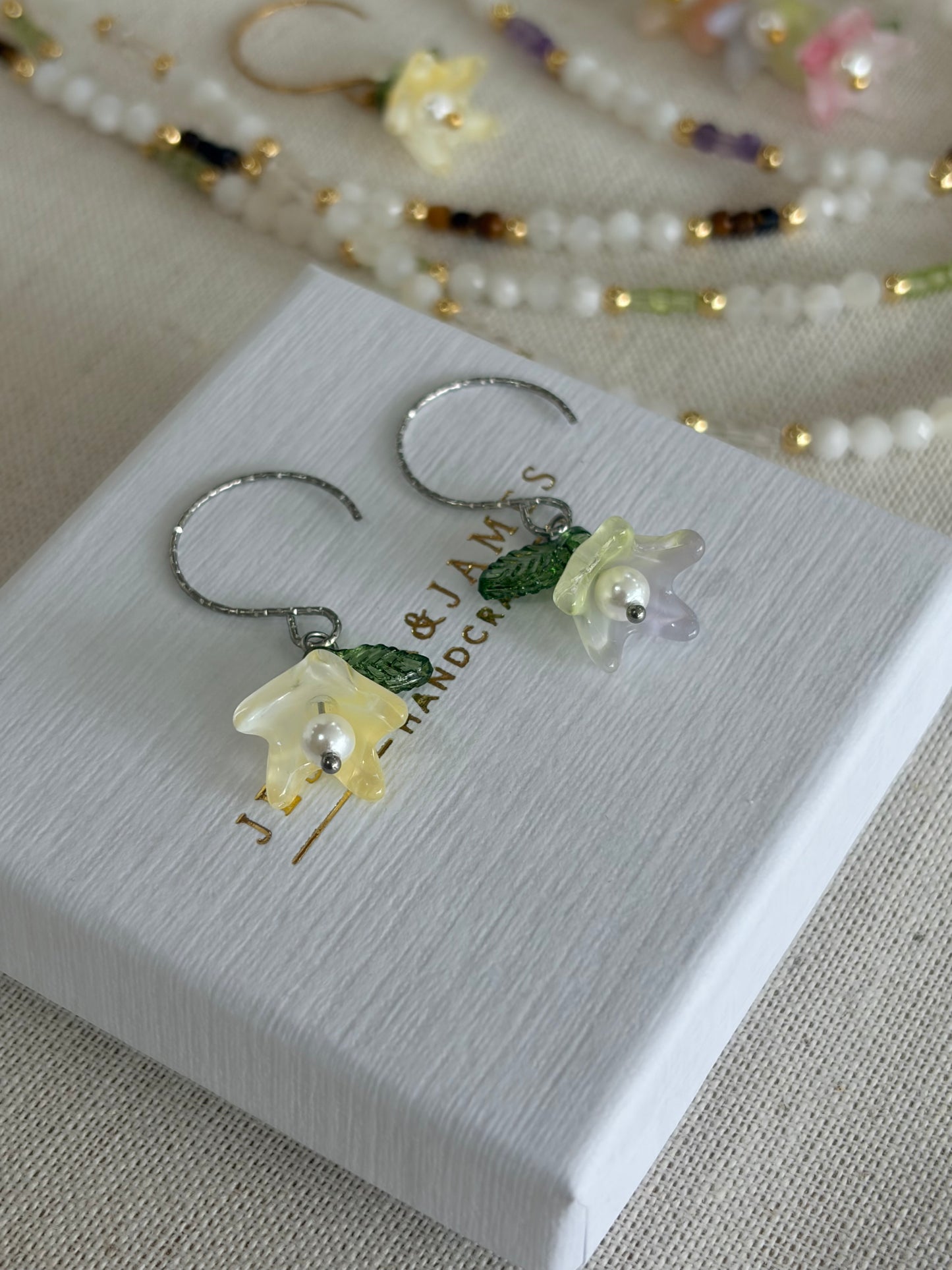 Sunlit Yellow Pearl flower hoop earrings in silver or gold