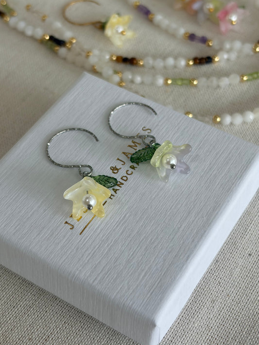 Sunlit Yellow Pearl flower hoop earrings in silver or gold