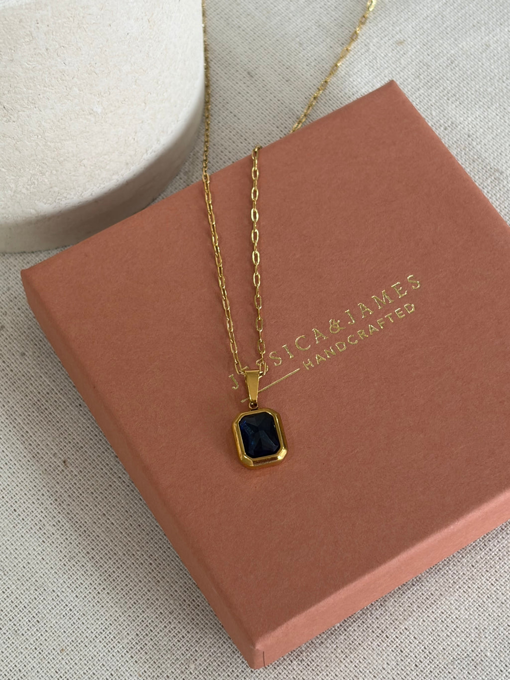 Sapphire blue gold necklace on paperclip chain - one off piece