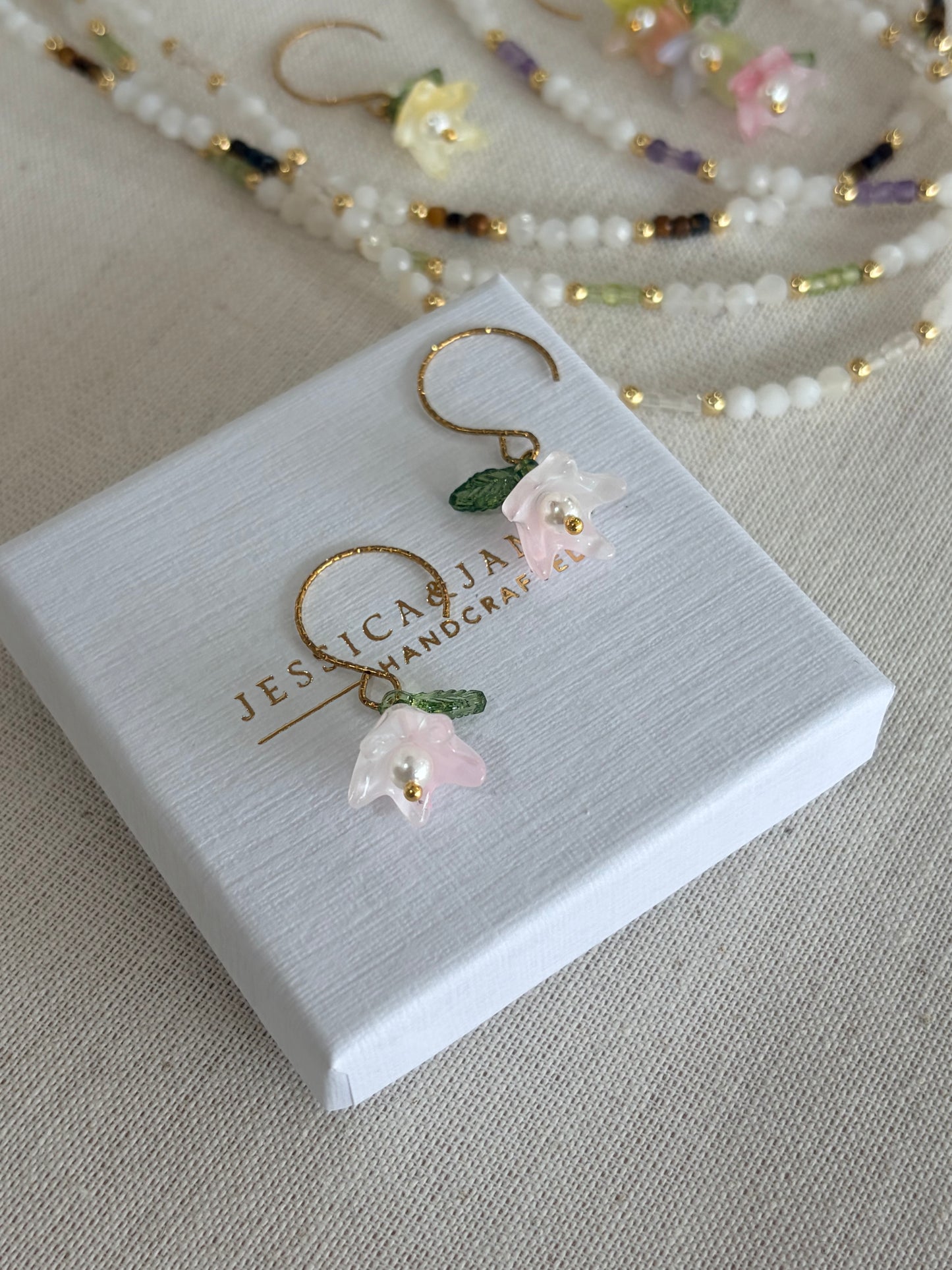 Powder Pink Pearl flower hoop earrings in silver or gold