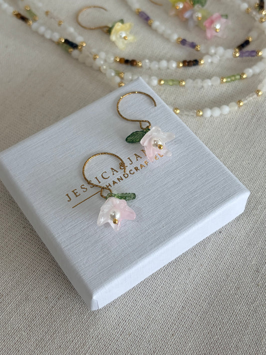 Powder Pink Pearl flower hoop earrings in silver or gold