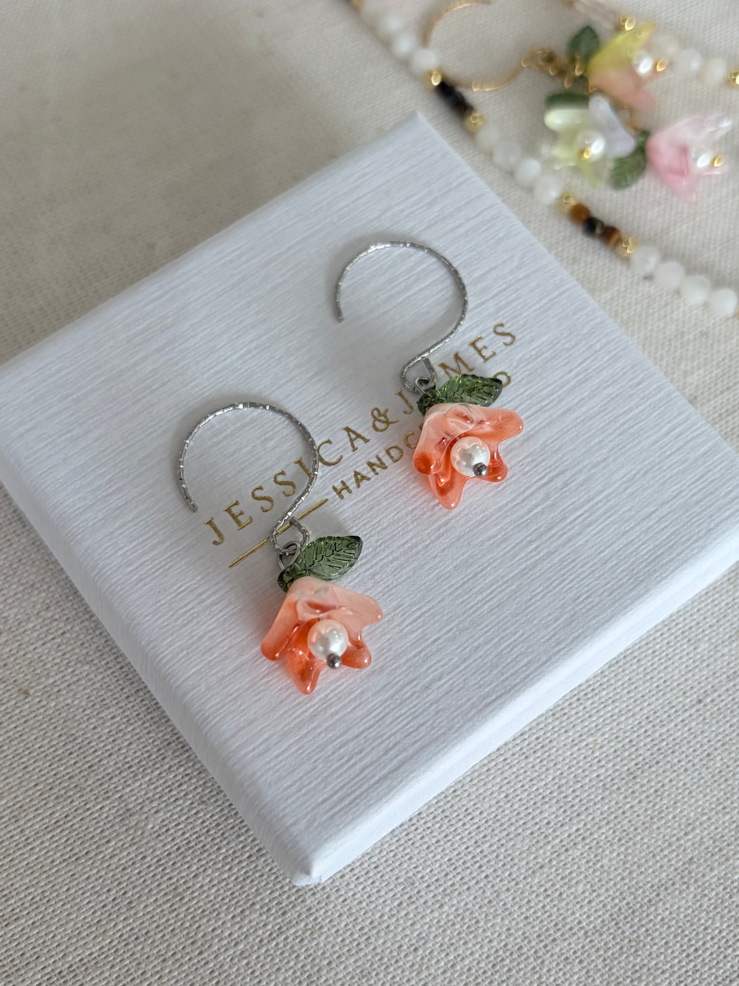 Orange Flame Pearl flower hoop earrings in silver or gold