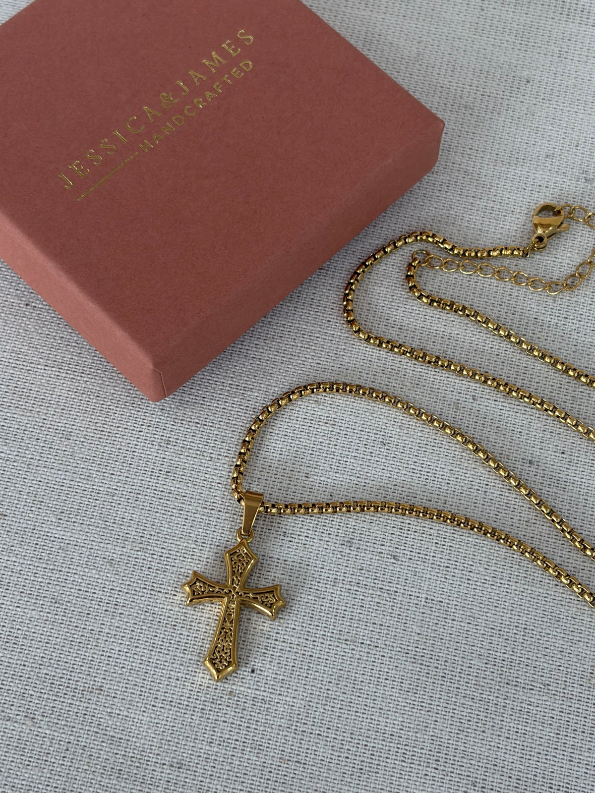 Gold cross necklace, scroll detailed design