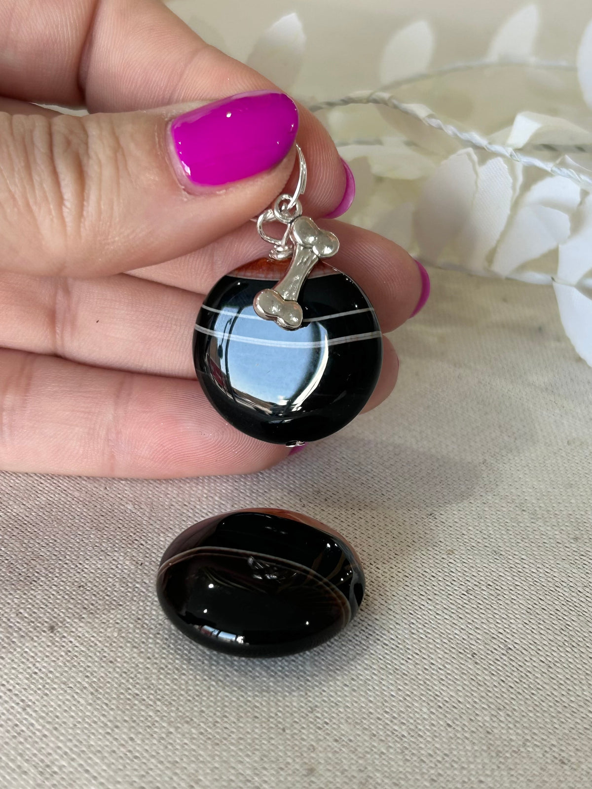 XL Black Onyx dog collar charm | calming stones for dogs | nervousness and reactivity