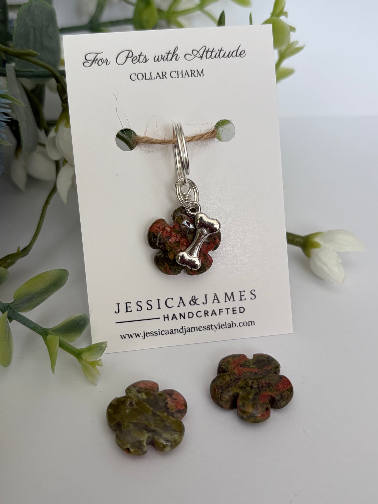 Unakite gemstone for dogs, crystal collar charm for rescue dogs