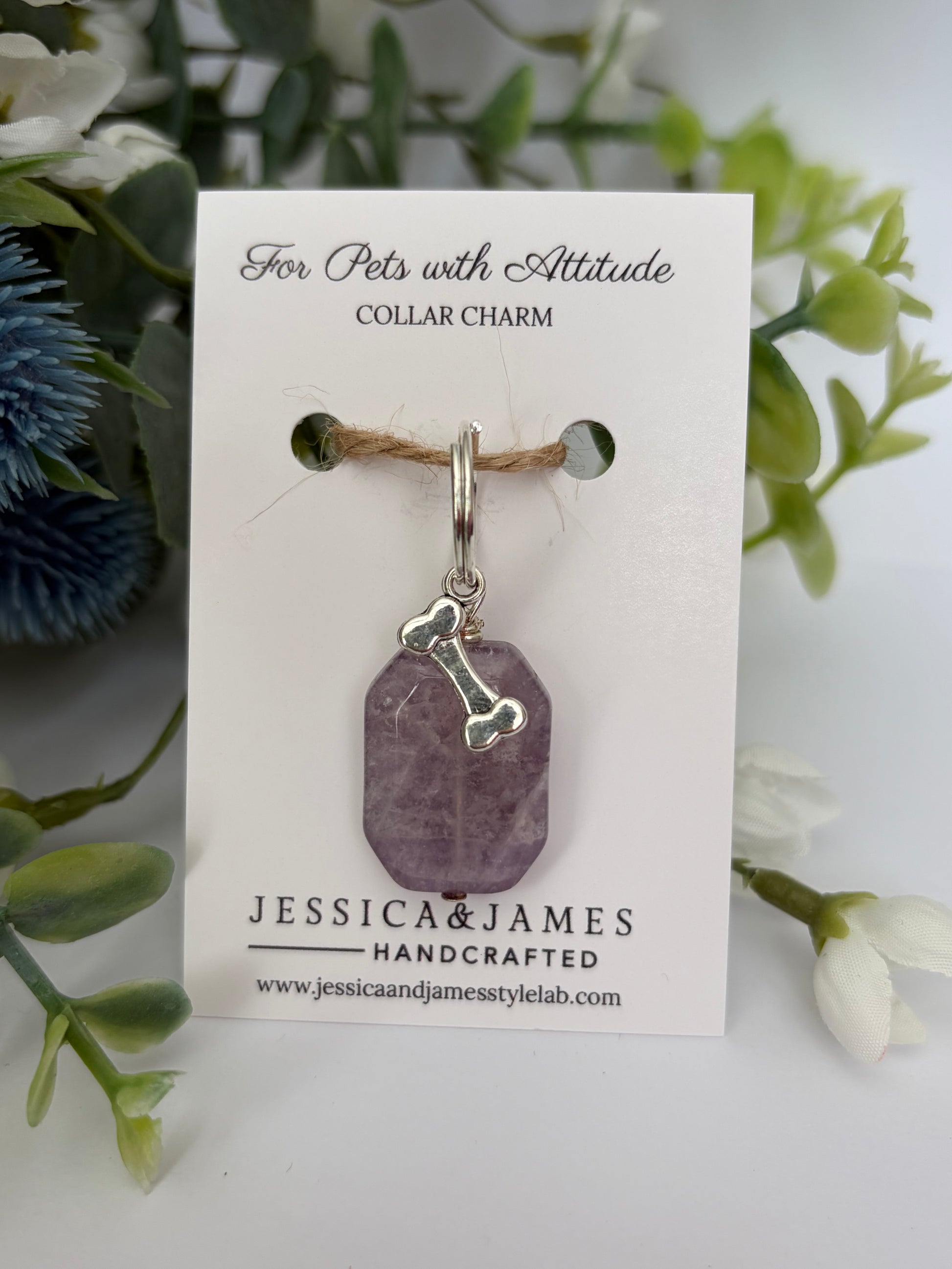 A real amethyst crystal anti anxiety crystal collar charm for large dogs, handmade in uk 