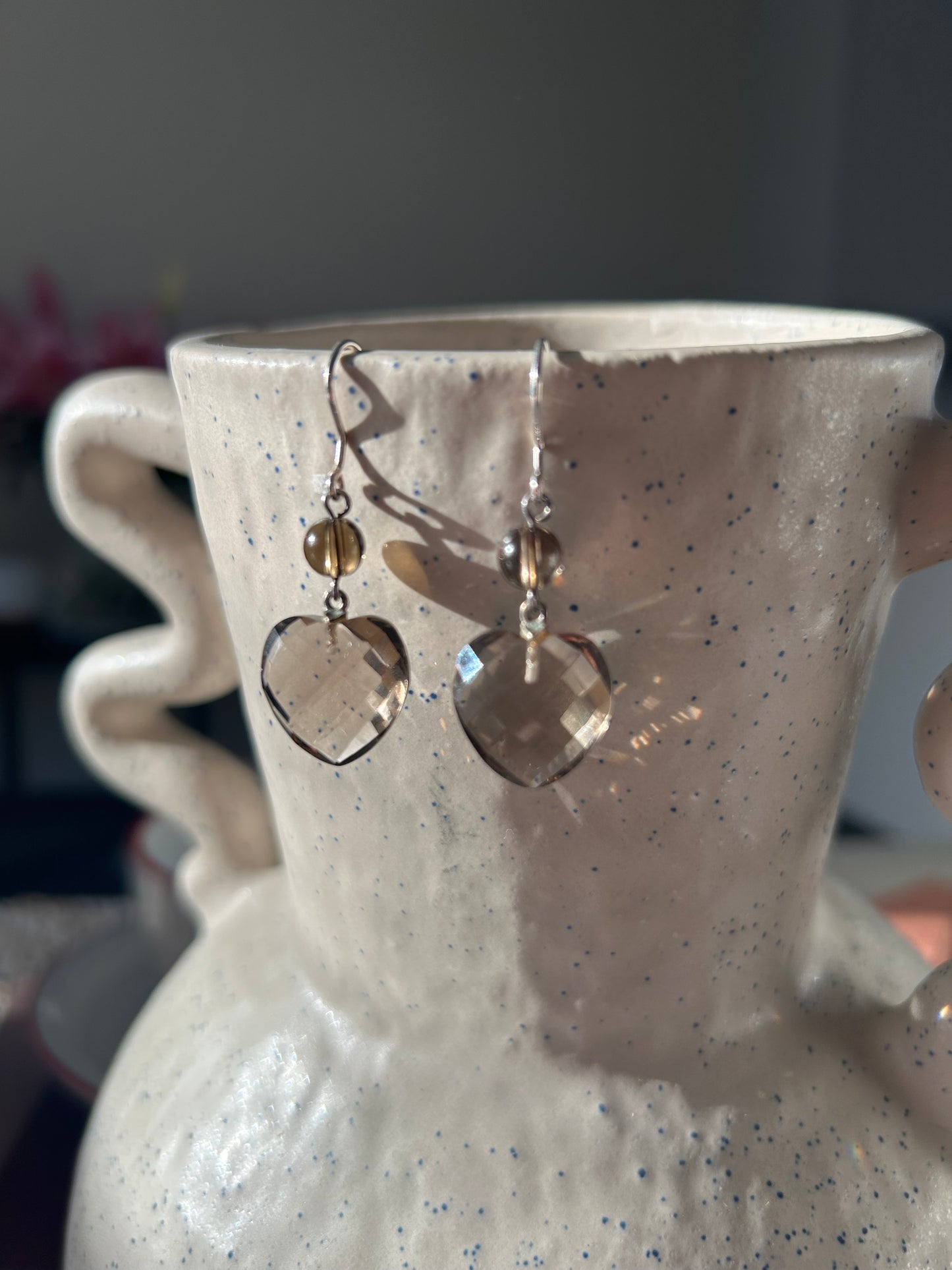 Sterling silver Smokey quartz heart earrings