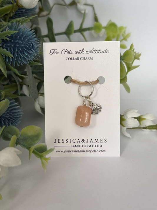A handmade collar charm for cats by Jessica & James, featuring a peach-colored stone and a silver floral accent, displayed on a white card with decorative green and blue flowers in the background.