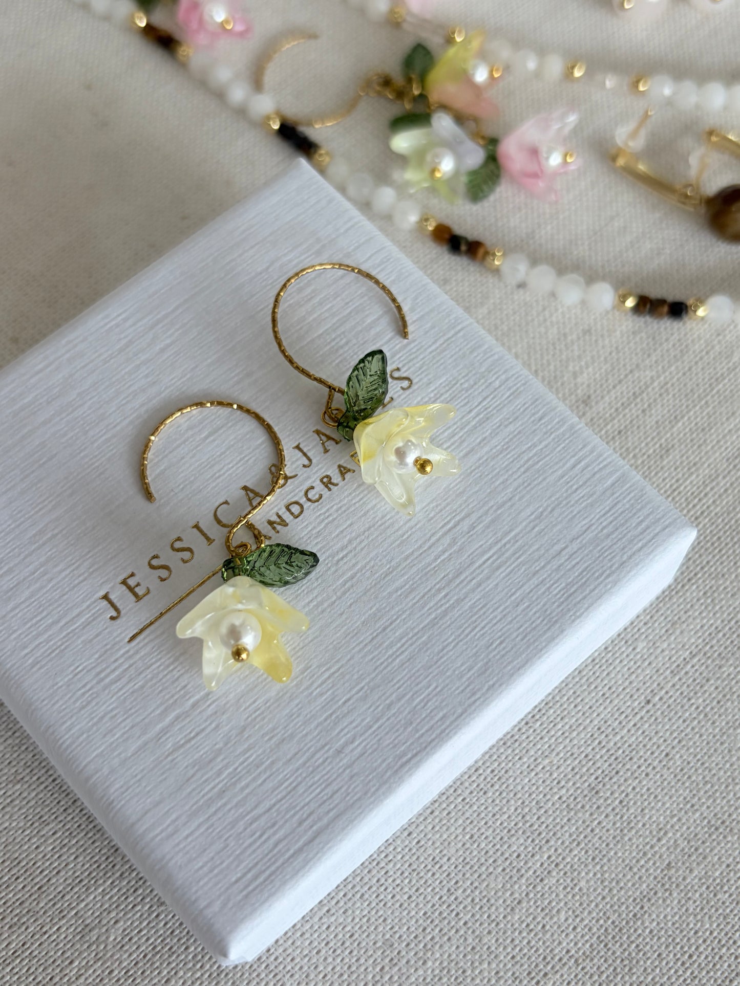 Sunlit Yellow Pearl flower hoop earrings in silver or gold