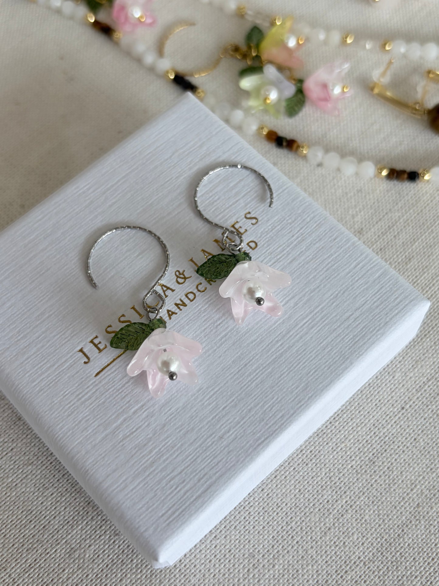 Powder Pink Pearl flower hoop earrings in silver or gold