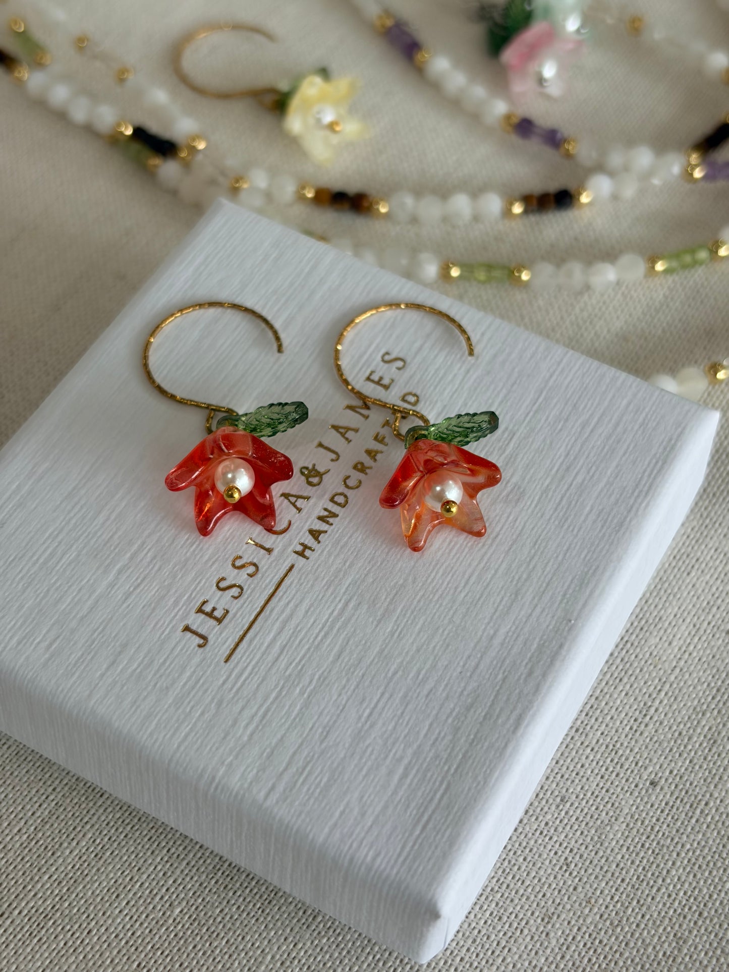 Orange Flame Pearl flower hoop earrings in silver or gold