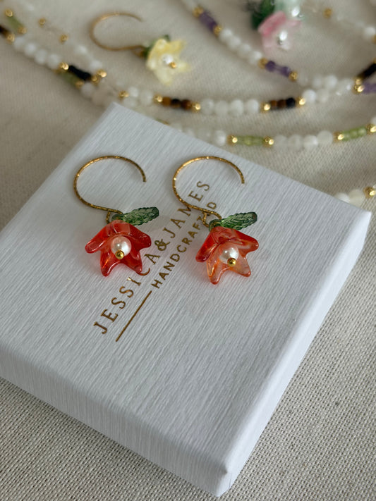 Orange Flame Pearl flower hoop earrings in silver or gold