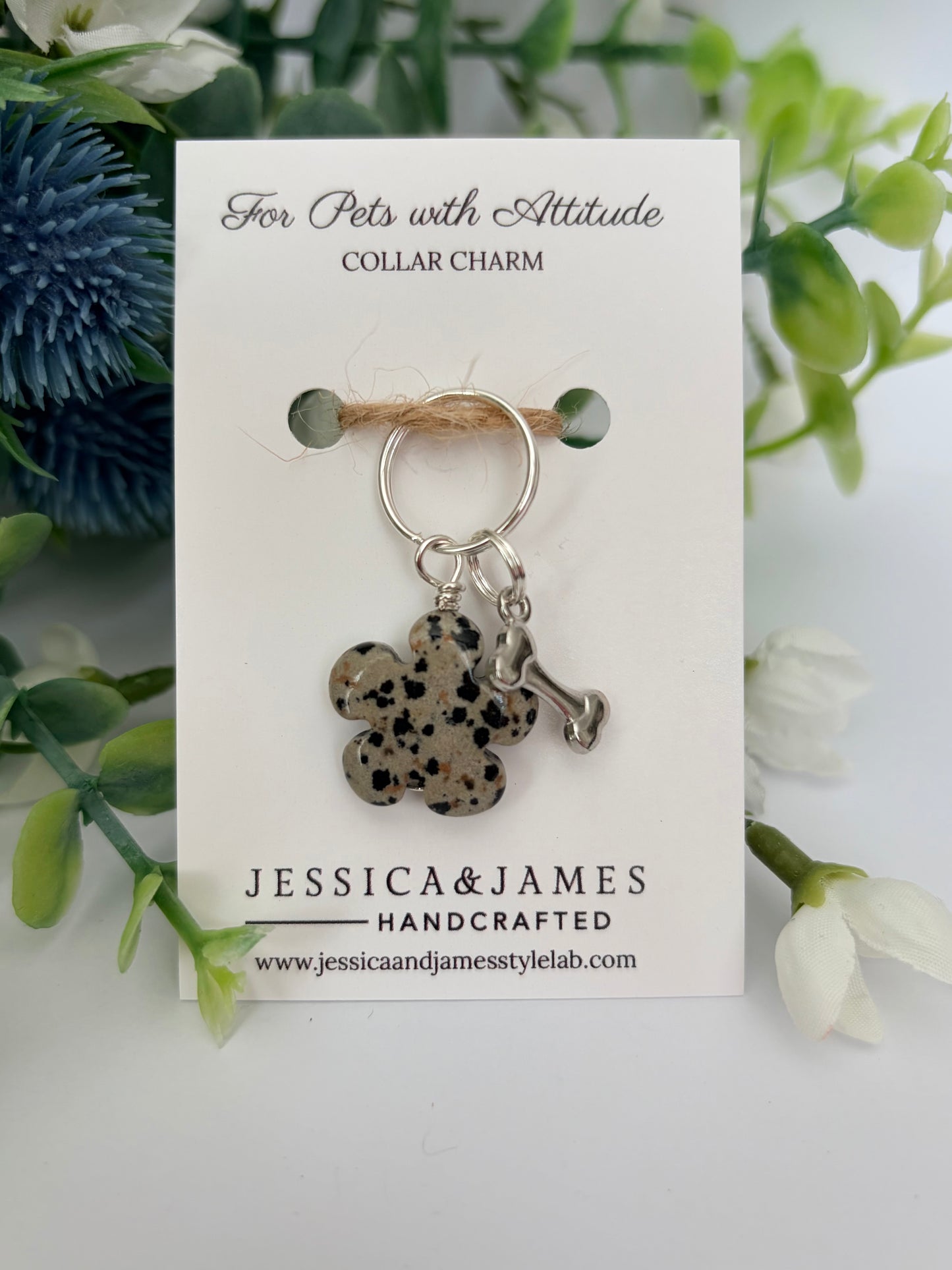 Dalmatian Jasper collar charm for dogs , Animal Crystal healing