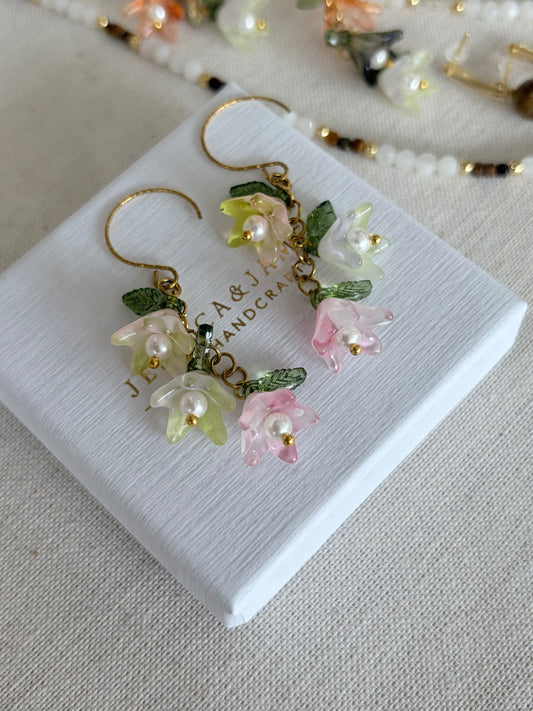 Multi Pastel pink Pearl flower hoop earrings in gold