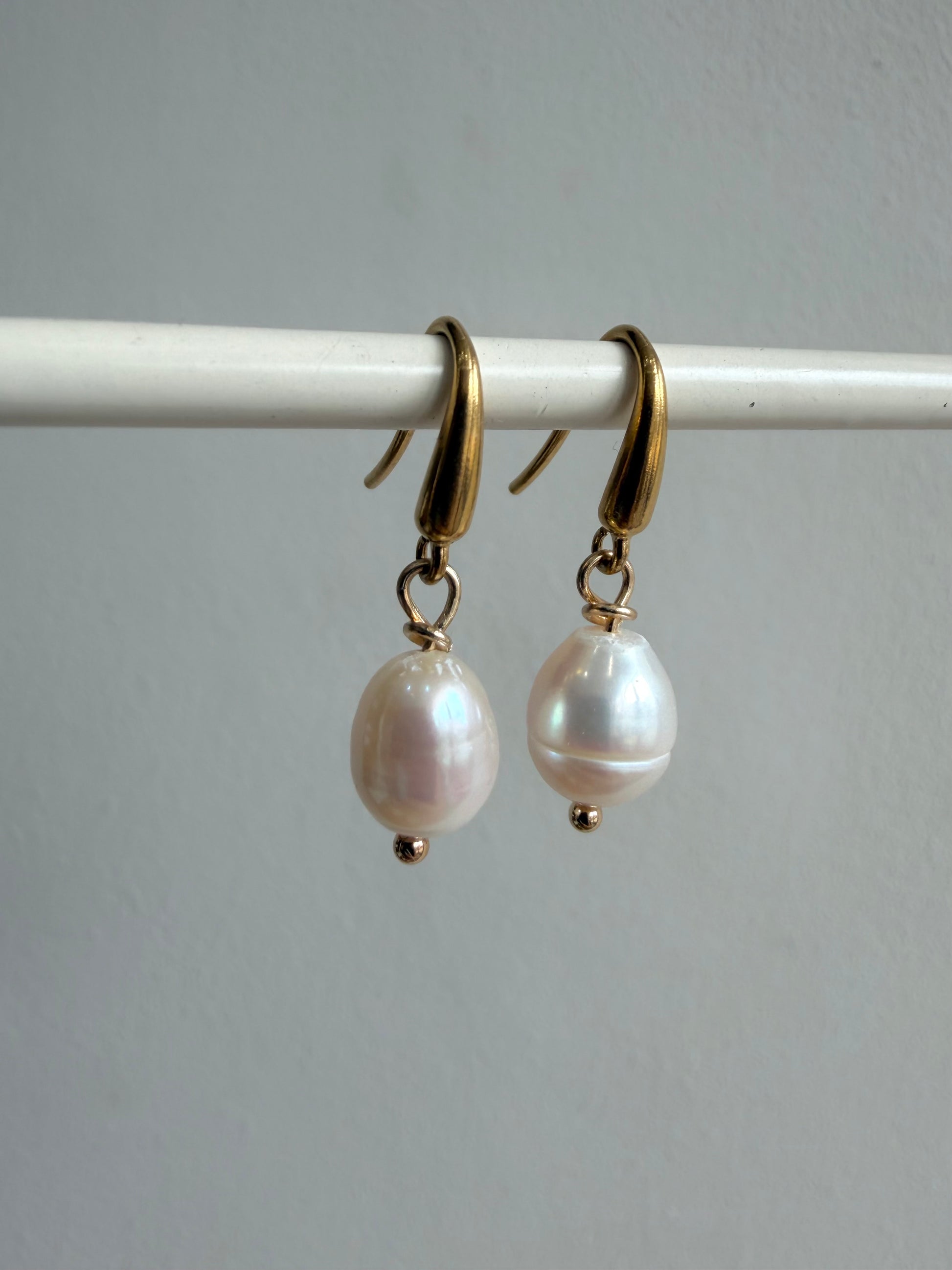 Baroque pearl earrings in gold, limited edition handmade jewellery uk