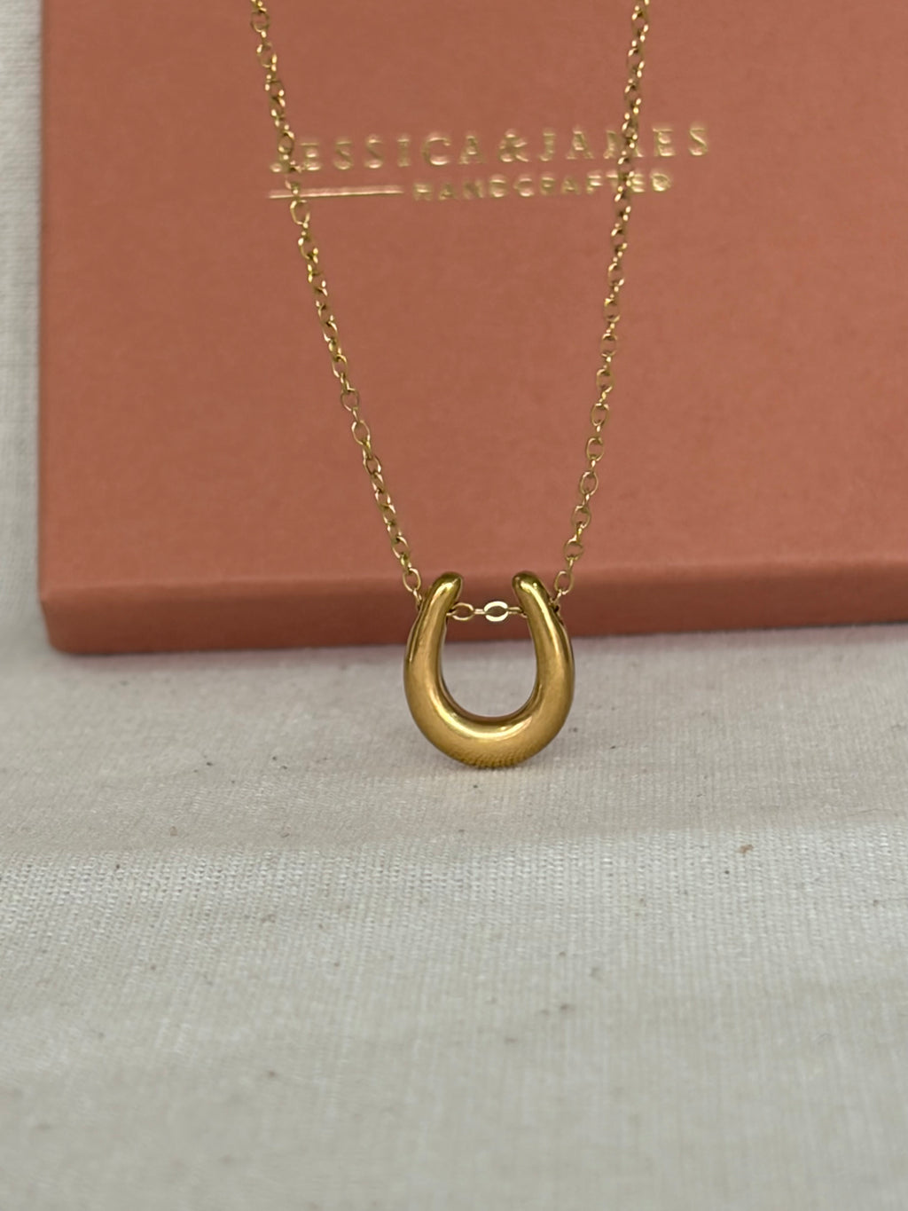 A gold horseshoe pendant necklace on a delicate gold chain, displayed in front of a dusty rose Jessica and james Stylelab branded box