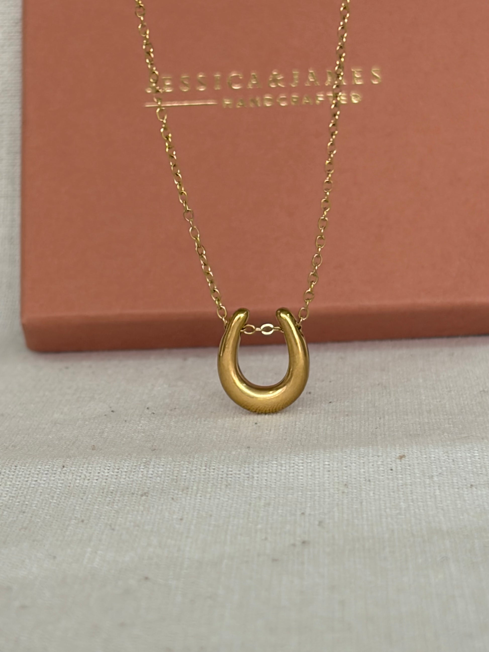 A gold horseshoe pendant necklace on a delicate gold chain, displayed in front of a dusty rose Jessica and james Stylelab branded box
